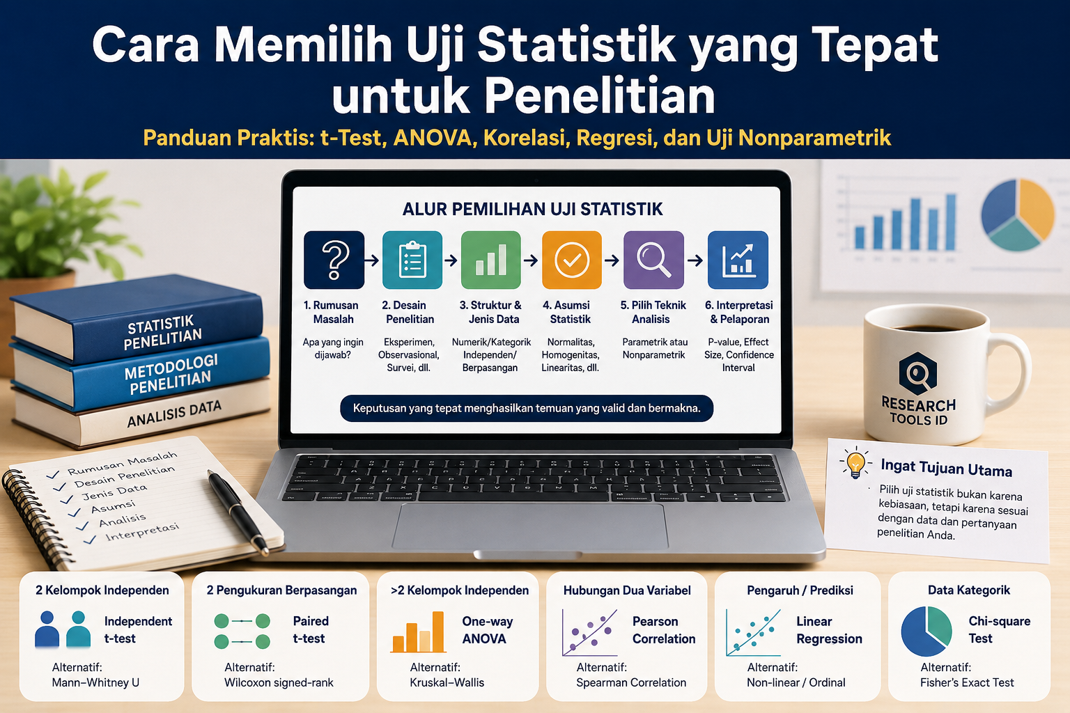 Cara Memilih Uji Statistik yang Tepat untuk Penelitian: t-Test, ANOVA, Korelasi, Regresi, dan Uji Nonparametrik